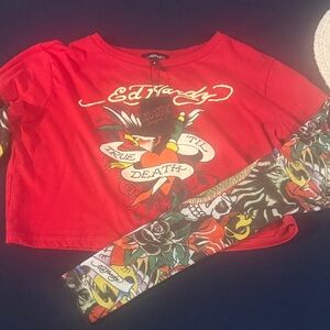 Ed Hardy  Red Long Sleeve Graphic crop tee
